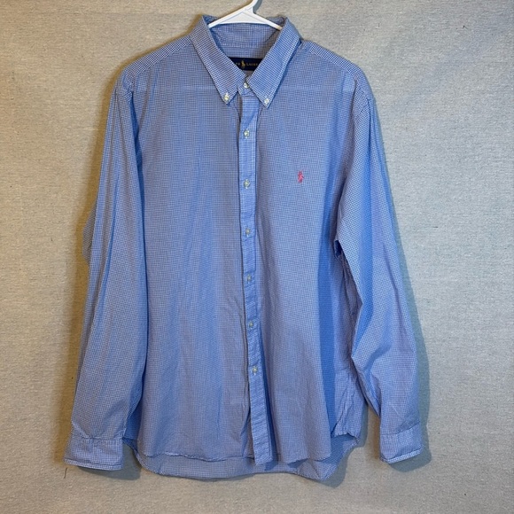 Ralph Lauren Mens XL Blue White Checkered Cotton Button Up Long Sleeve Shirt‎ - Picture 1 of 6